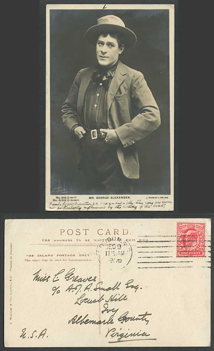 Actor Mr. GEORGE ALEXANDER Hat 1905 Old Real Photo Postcard J Beagles & Co G515C