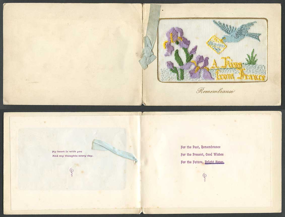 WW1 SILK Embroidered Old Card A Kiss from France, Iris Flowers Bird, Remembrance