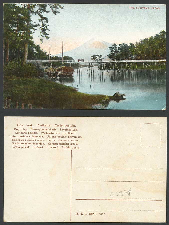 Japan Old Postcard Fujiyama Mountain Mount Mt FUJI BRIDGE Boats River Scene Pine