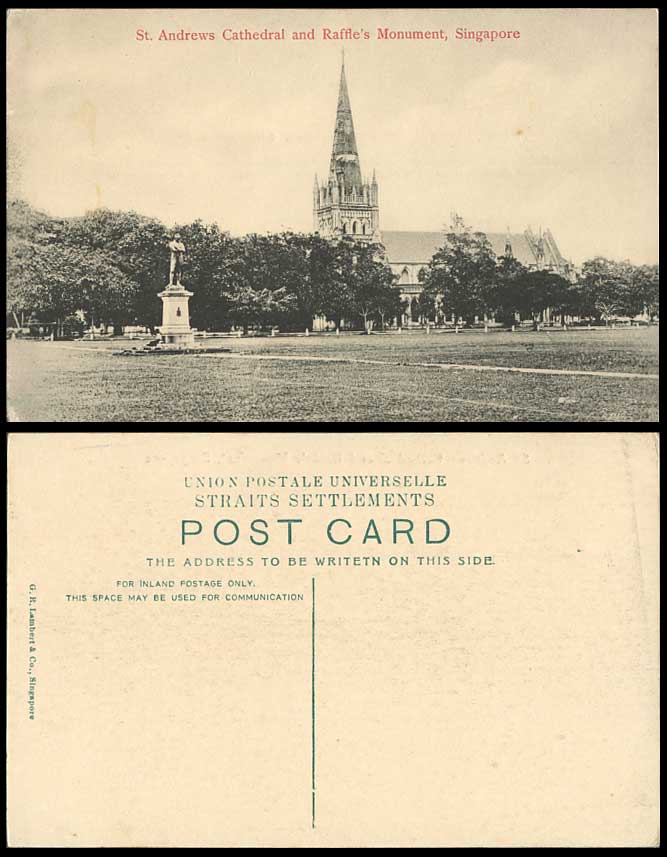 Singapore Old Postcard St. Andrews Cathedral Church and Raffle's Monument Malaya