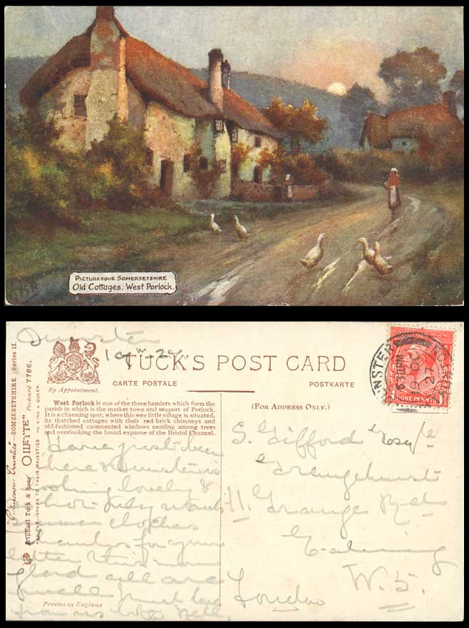 West Porlock Old Cottages Geese Ducks Bird Somerset 1927 Tuck's Oilette Postcard