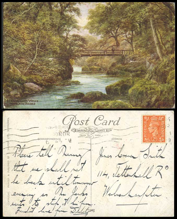 A.R. Quinton 1949 Old Postcard Llandrindod Wells The Alpine Bridge & River 2392