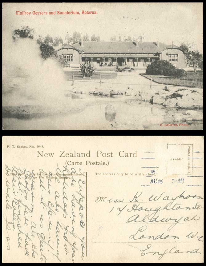 New Zealand 1918 Old Postcard Malfroy Geysers and Sanatorium Rotorua E. LeGrice