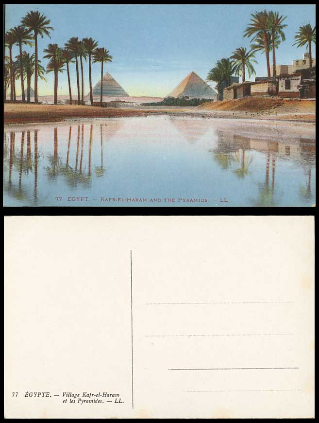 Egypt Old Postcard Cairo Kafr-El-Haram Village & Pyramids Giza Pyramides L.L. 77