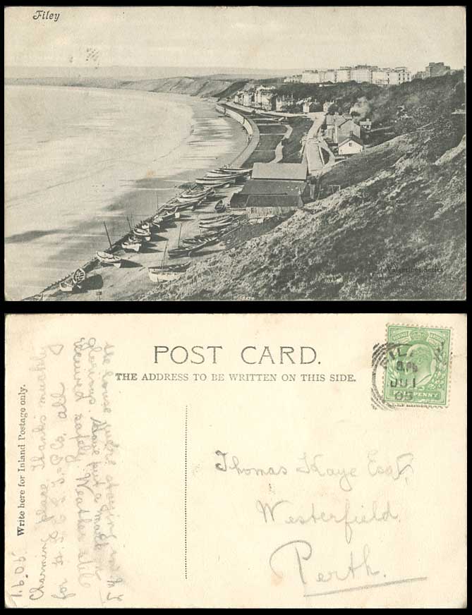 FILEY Beach Boats Cliff Yorkshire Seaside Panorama 1905 Old Postcard Scarborough
