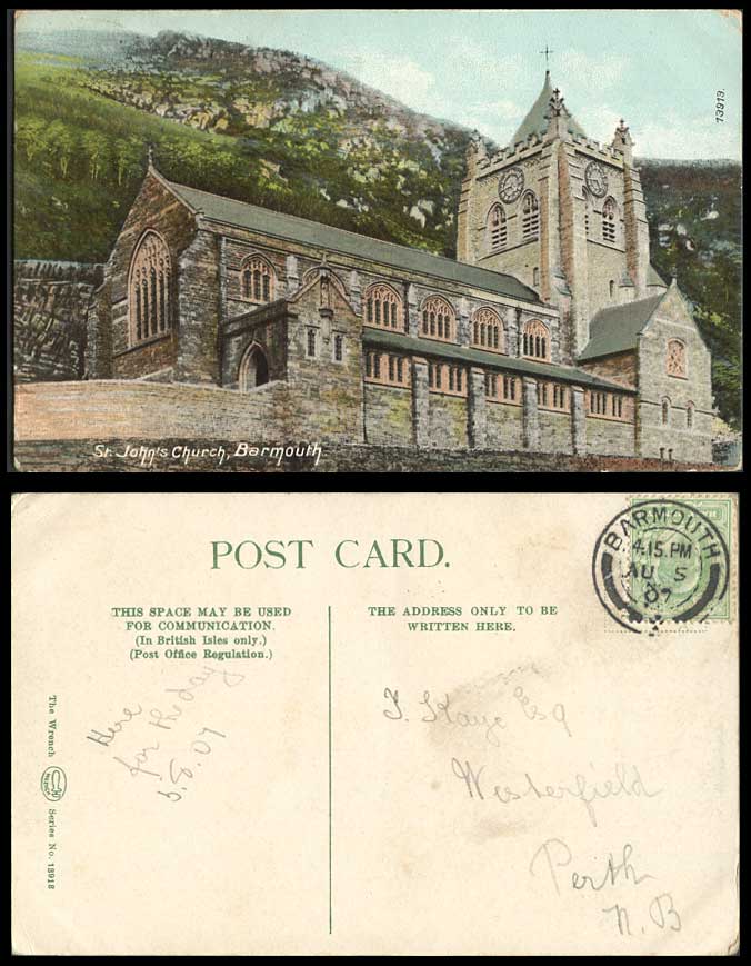 Barmouth, St. John's Church, Clock Tower 1907 Old Colour Postcard Merionethshire