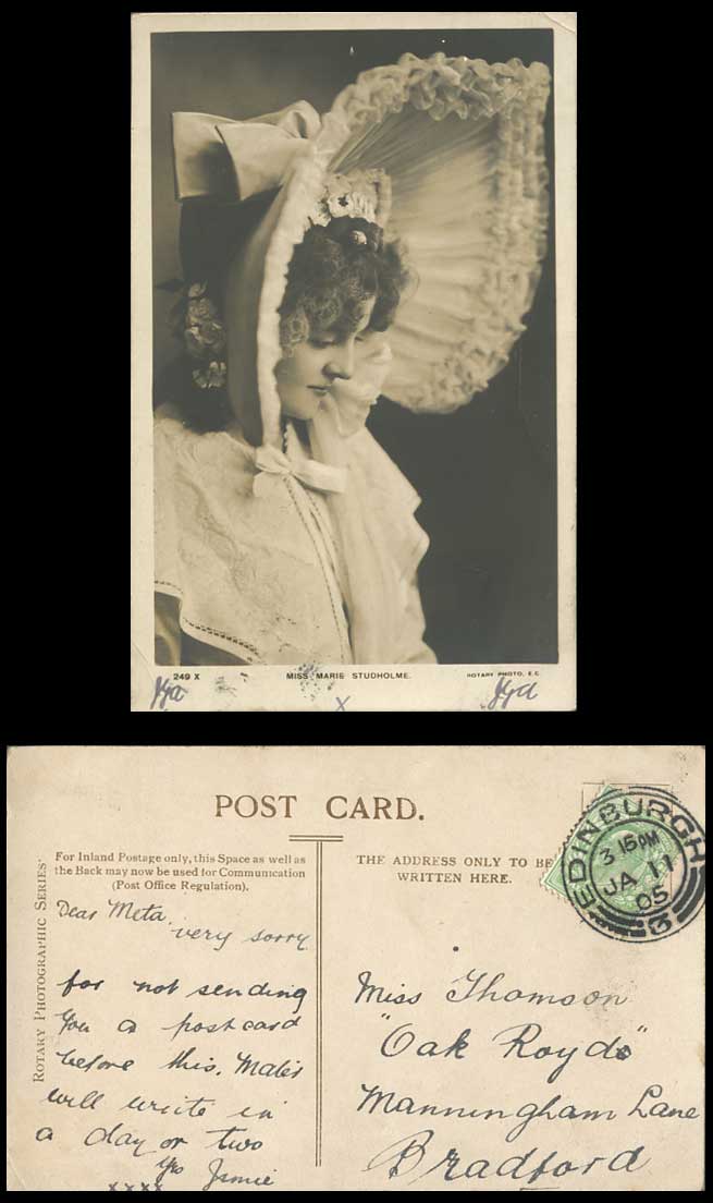 Actress Miss MARIE STUDHOLME wearing Very Large Hat 1905 Old Real Photo Postcard