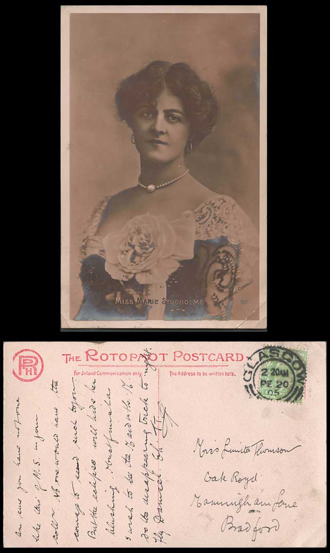 Edwardian Actress Miss MARIE STUDHOLME & Necklace 1905 Old Postcard Stereoscopic