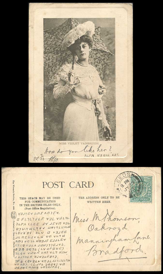 Edwardian English Actress Miss Violet Vanbrugh, Umbrella & Hat 1903 Old Postcard