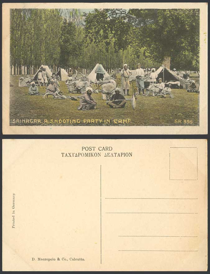 India Old Hand Tinted Postcard SRINAGAR A Shooting Party in Camp Hunting Hunters