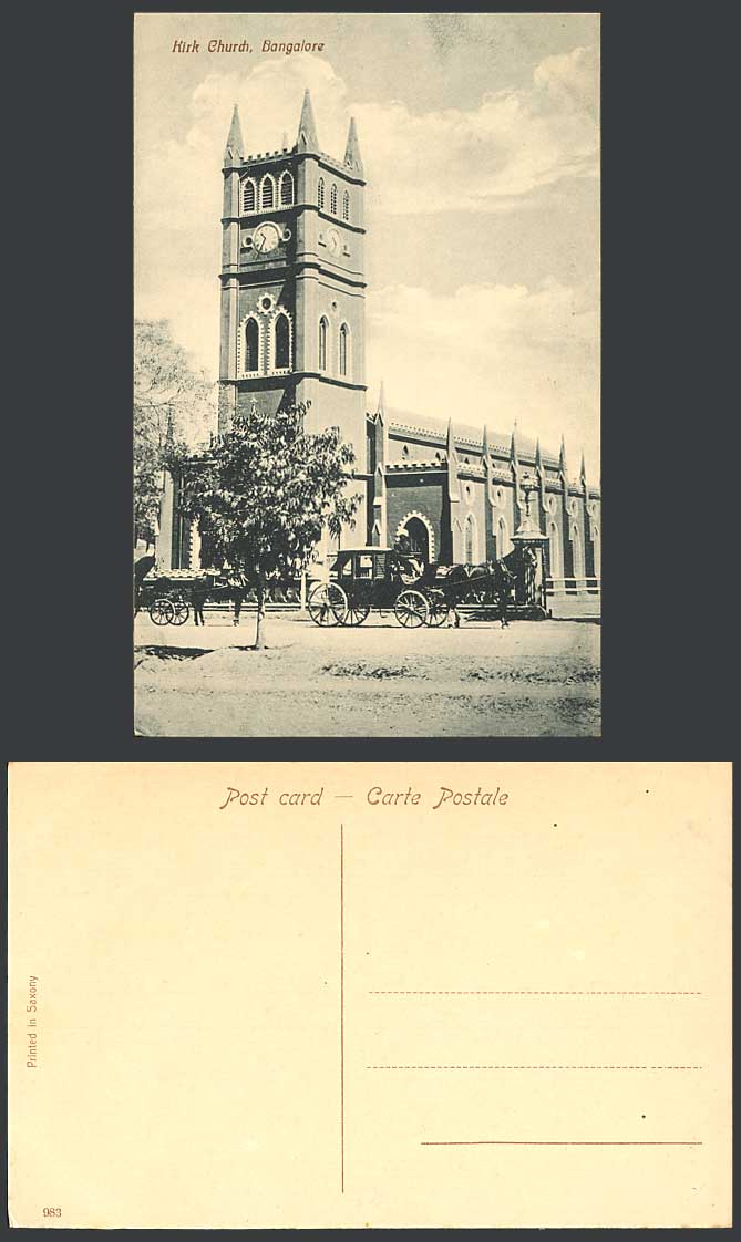 India Old Postcard Kirk Church Bangalore, Clock Tower, Horse Carriage, Cathedral