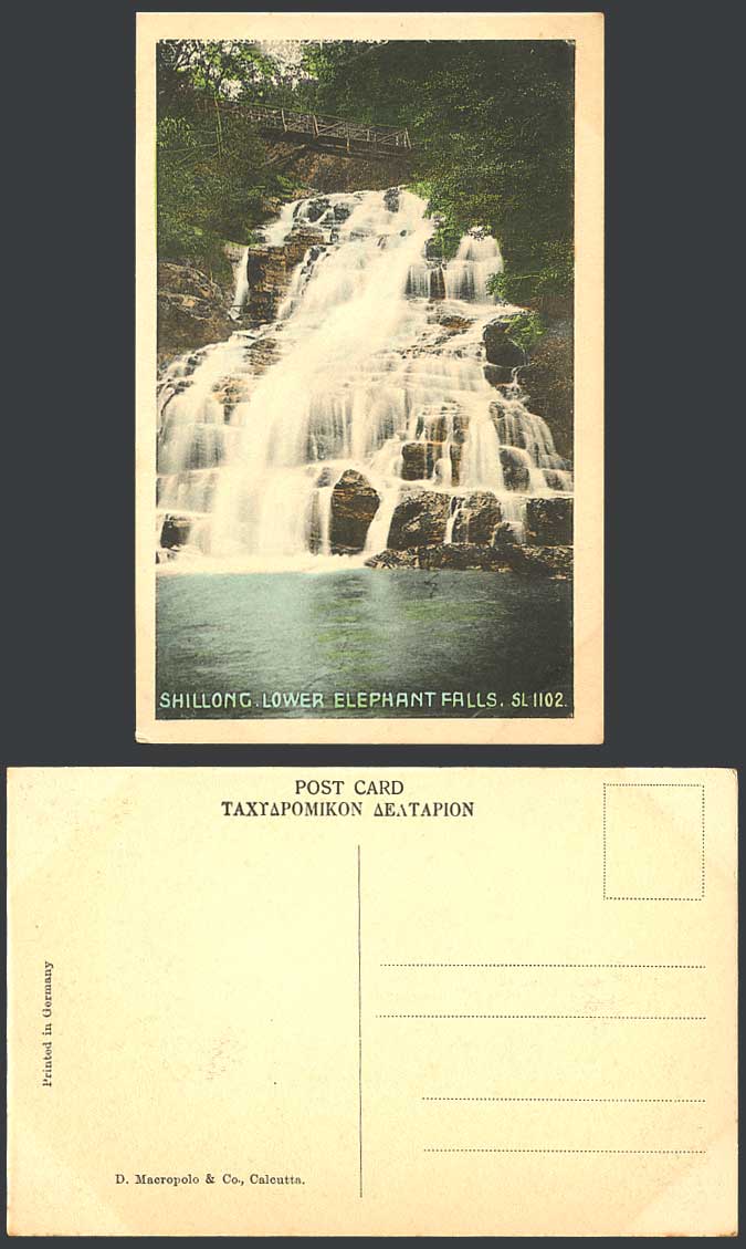 India Old Hand Tinted Postcard SHILLONG, Lower Elephant Falls, Bridge Waterfalls