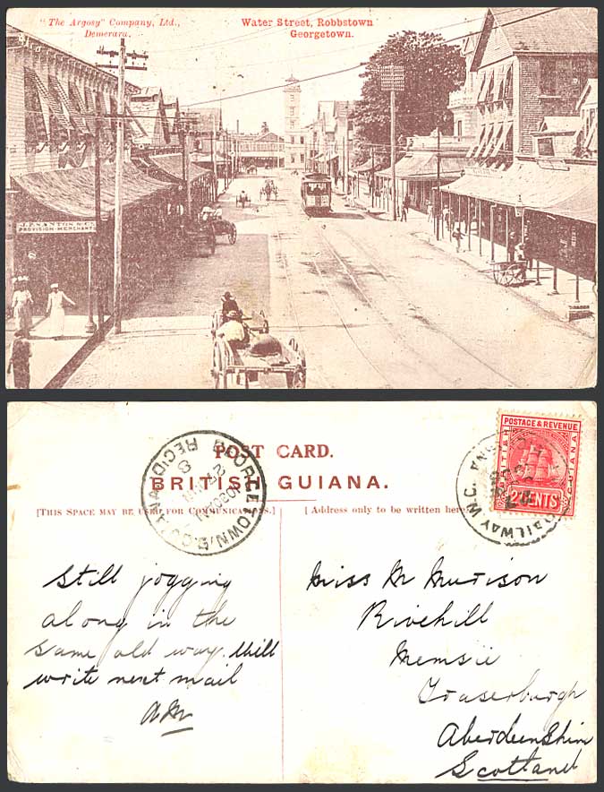 British Guiana 2c Railway 1906 Old Postcard Water Street Scene TRAM Robbstown Ge