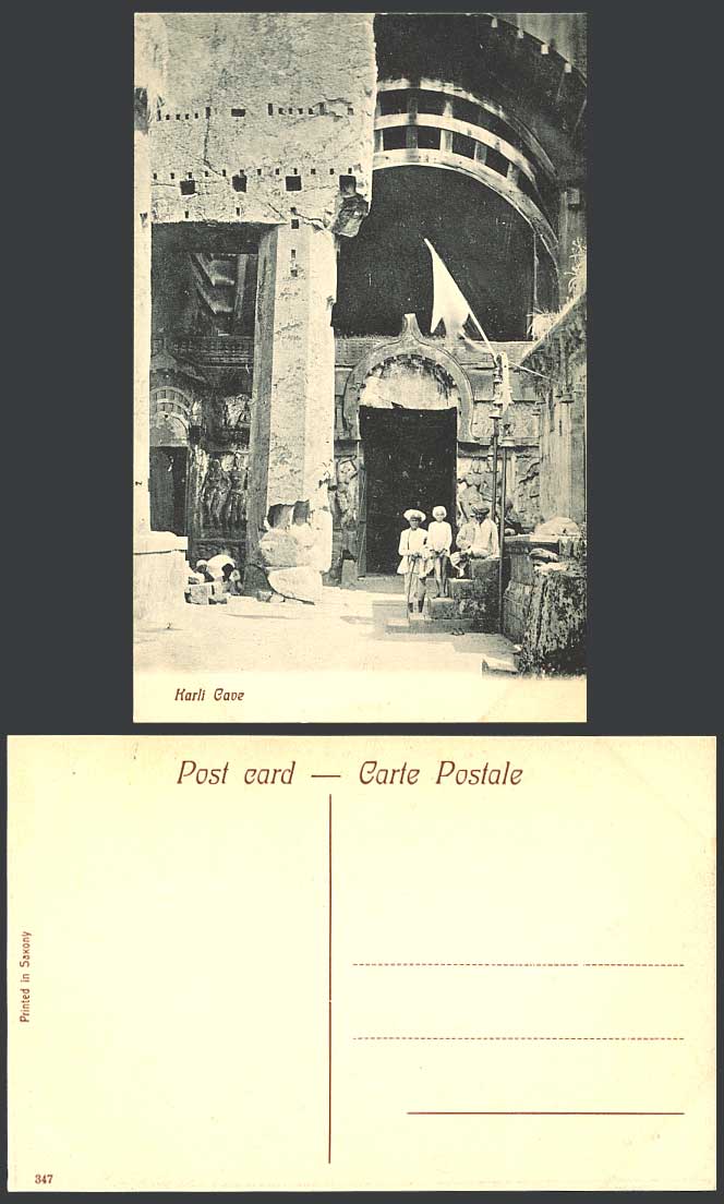 India Old Postcard KARLI CAVE Caves Entrance Door Native Men Boy Flag Poona Pune
