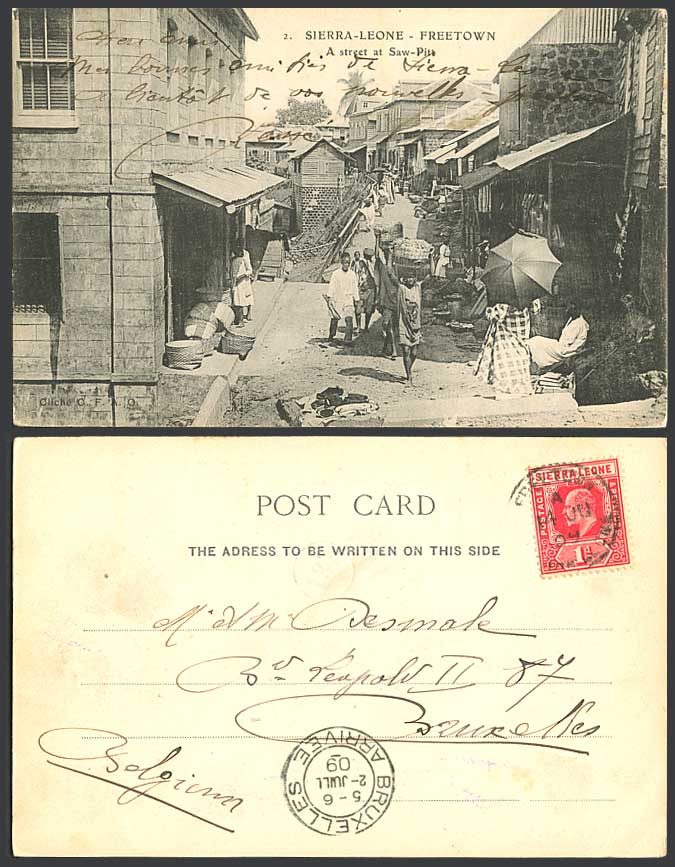 Sierra Leone 1d 1909 Old UB Postcard Freetown A Street Scene at Saw-Pitt Natives