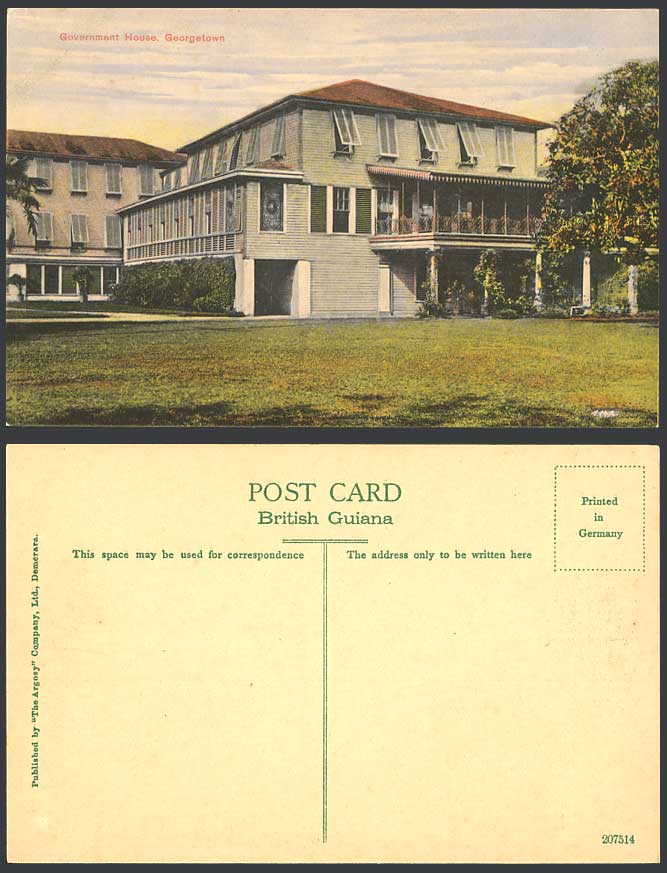 British Guiana Georgetown, Government House Building, Guyana Old Colour Postcard