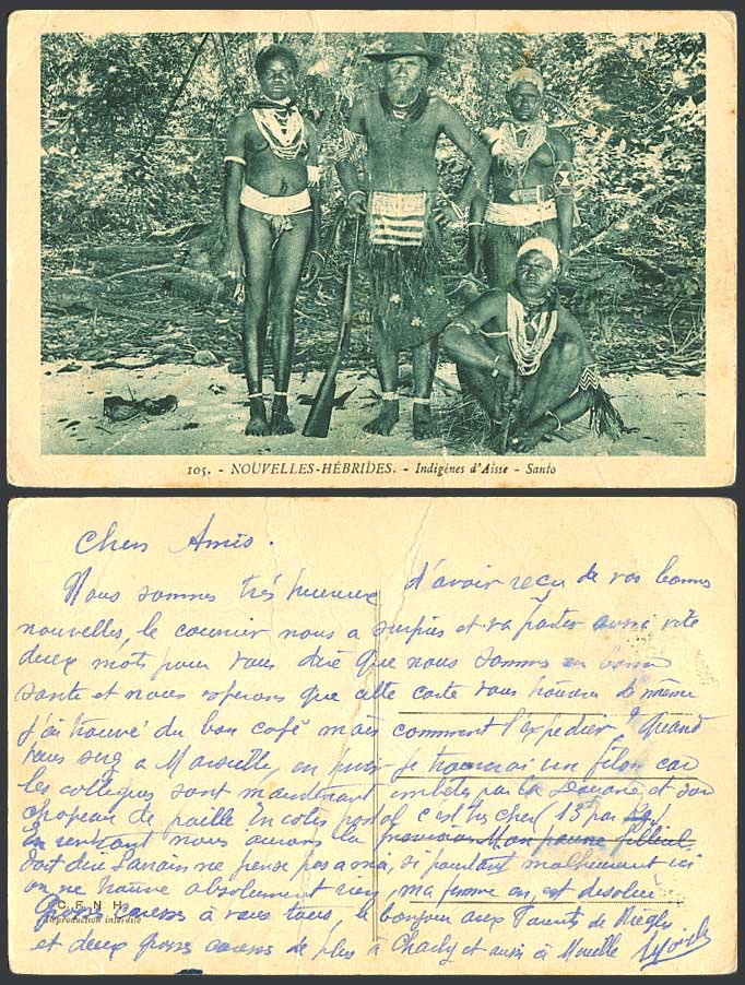 NEW HEBRIDES Old Postcard Indigenes d'Aisse Santo Women & Man Nouvelles-Hebrides