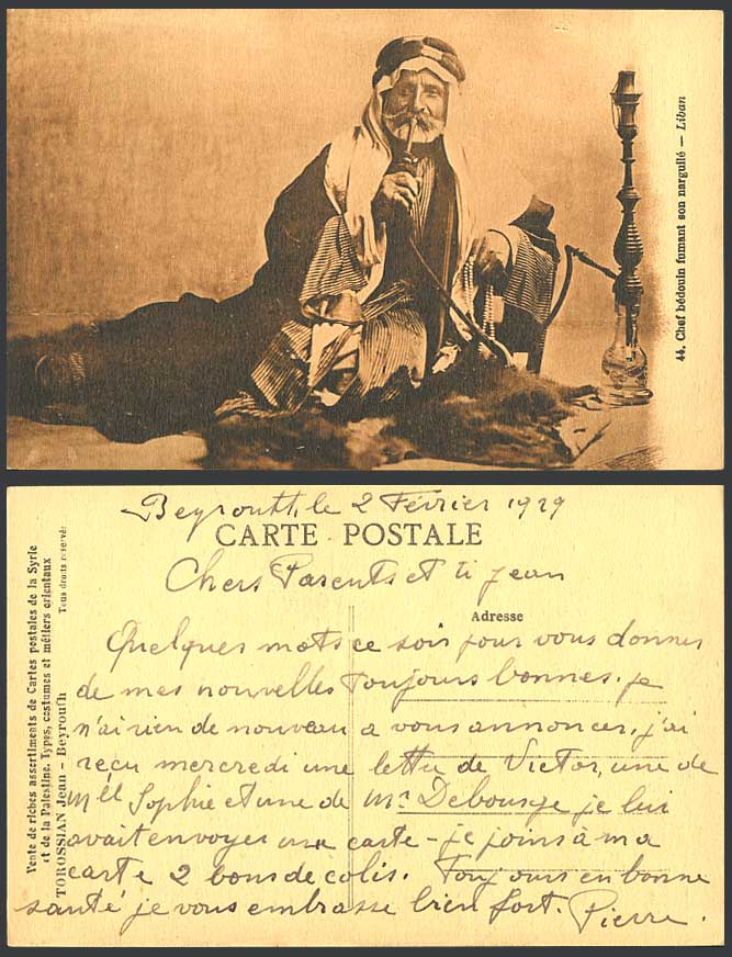 Lebanon 1929 Old Postcard Bedouin Chief Smoking Hookah Shisha Native Man Fur Rug