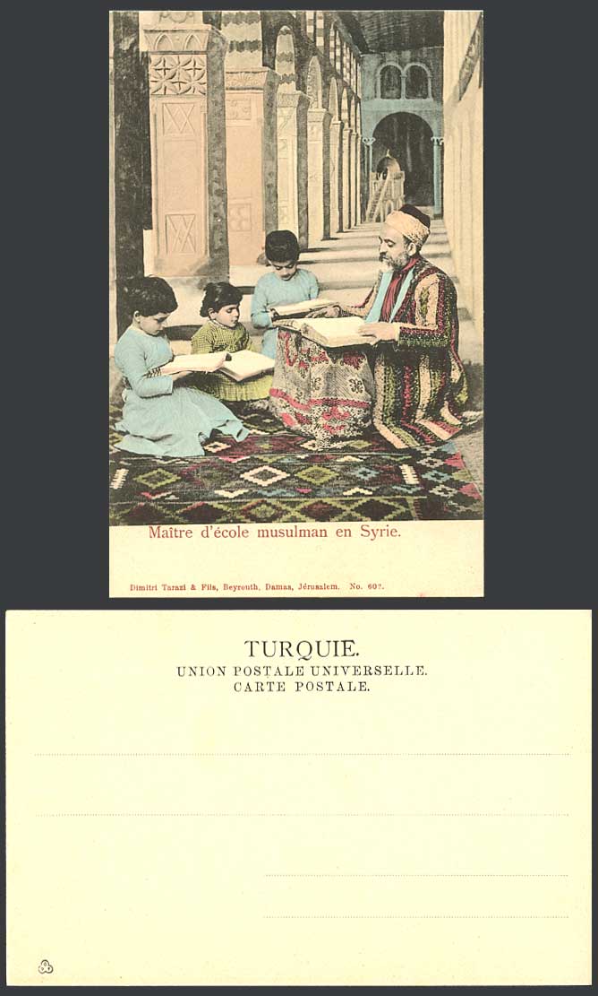 Syria Old Hand Tinted Postcard Master of Muslim School Pupils Students Children