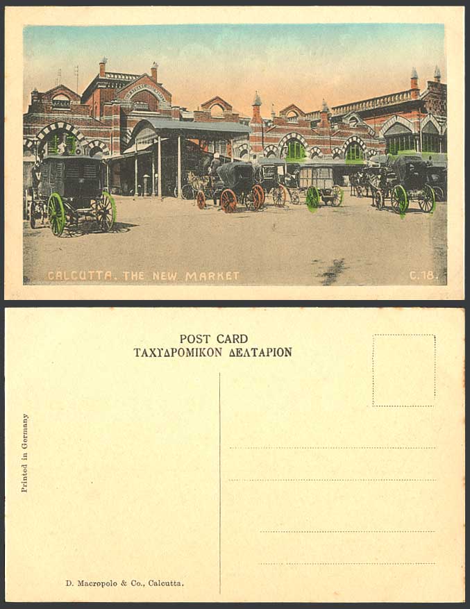 India Old Hand Tinted Postcard New Sir Stuart Hog Market Calcutta Horse Carriage
