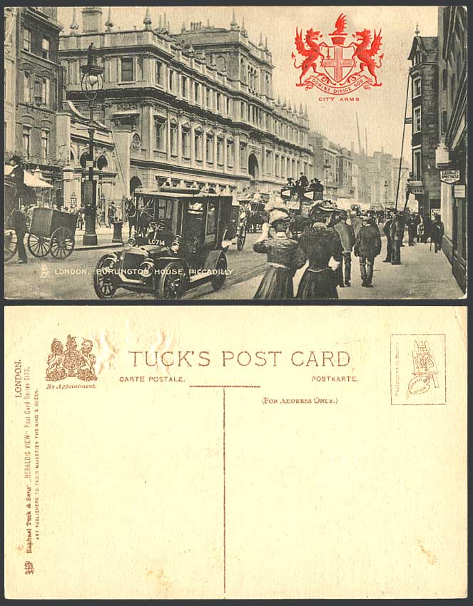 London Old Tuck Postcard Burlington House Piccadilly Vintage Motor Car City Arms