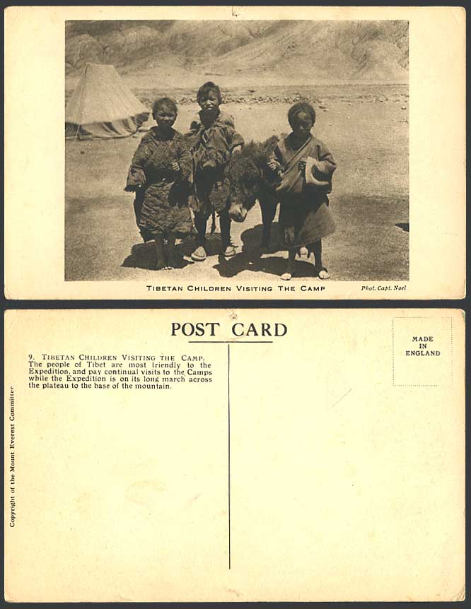 TIBET Old Postcard Mt. Everest Expedition, Tibetan Children Visiting Camp Donkey