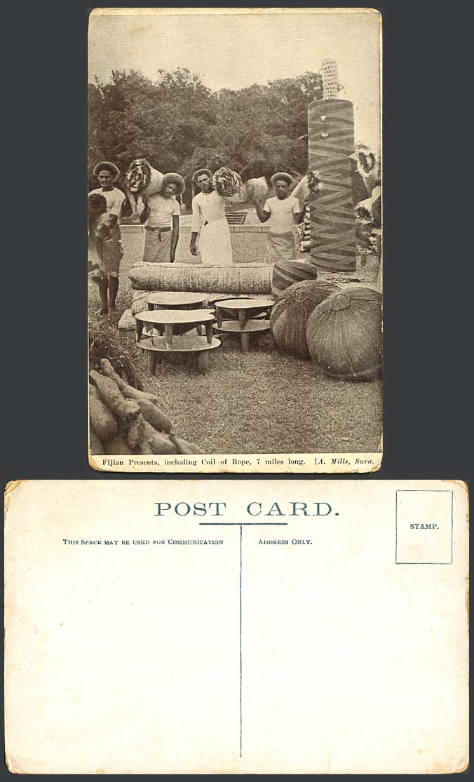 FIJI Old Postcard Fijian Presents Incl Coil of Rope 7 Miles Long Native Men Suva