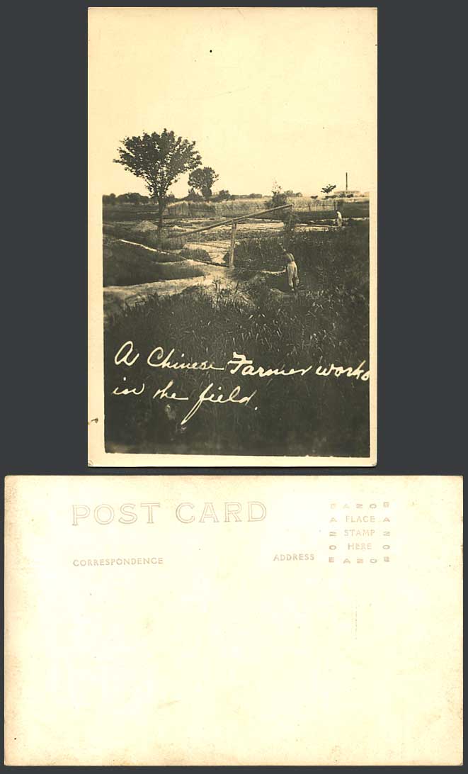 China Old Real Photo Postcard Chinese Farmer Works in the Field, Irrigation Tool