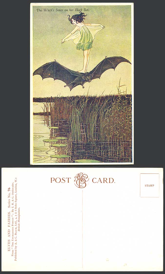 IR &G OUTHWAITE Old Postcard The Witch's Sister on Her BLACK BAT, Witch Girl Fly