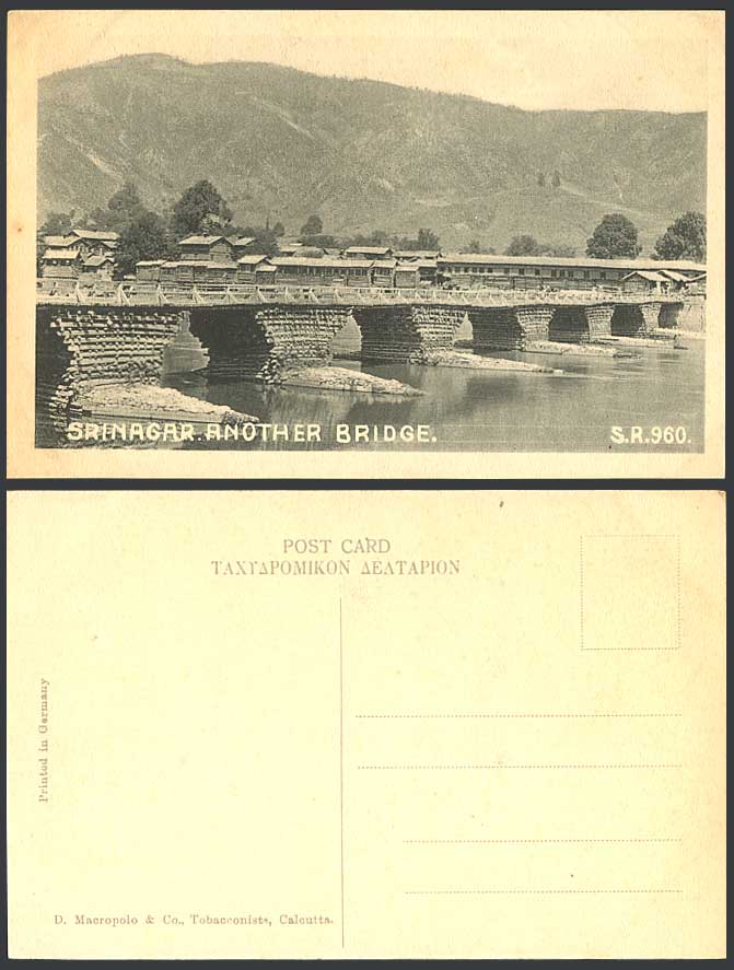 India Old Postcard Srinagar ANOTHER BRIDGE Kashmir River Scene Mountains Houses