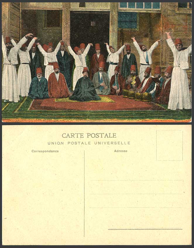 Egypt Turkey Old Postcard WHIRLING DERVISHES Prayers Dancers Musicians Turkish