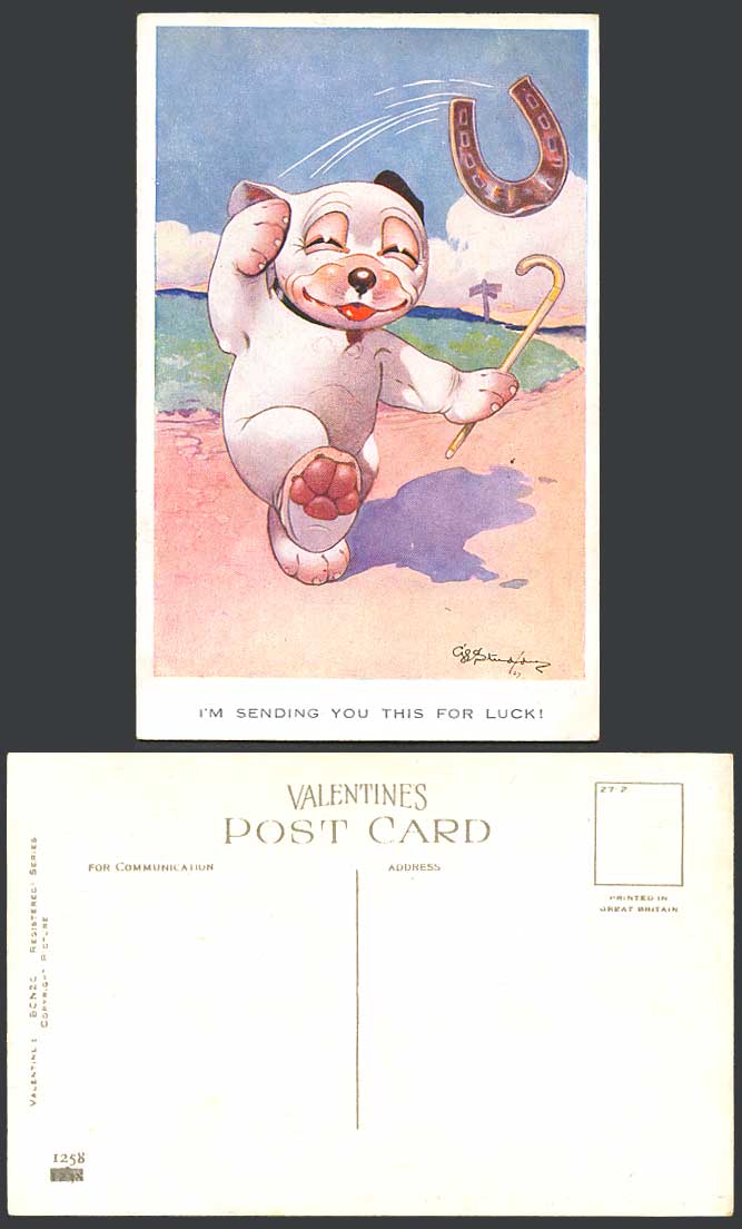 BONZO DOG GE Studdy Old Postcard I'm Sending You This Luck! Horseshoe Puppy 1258