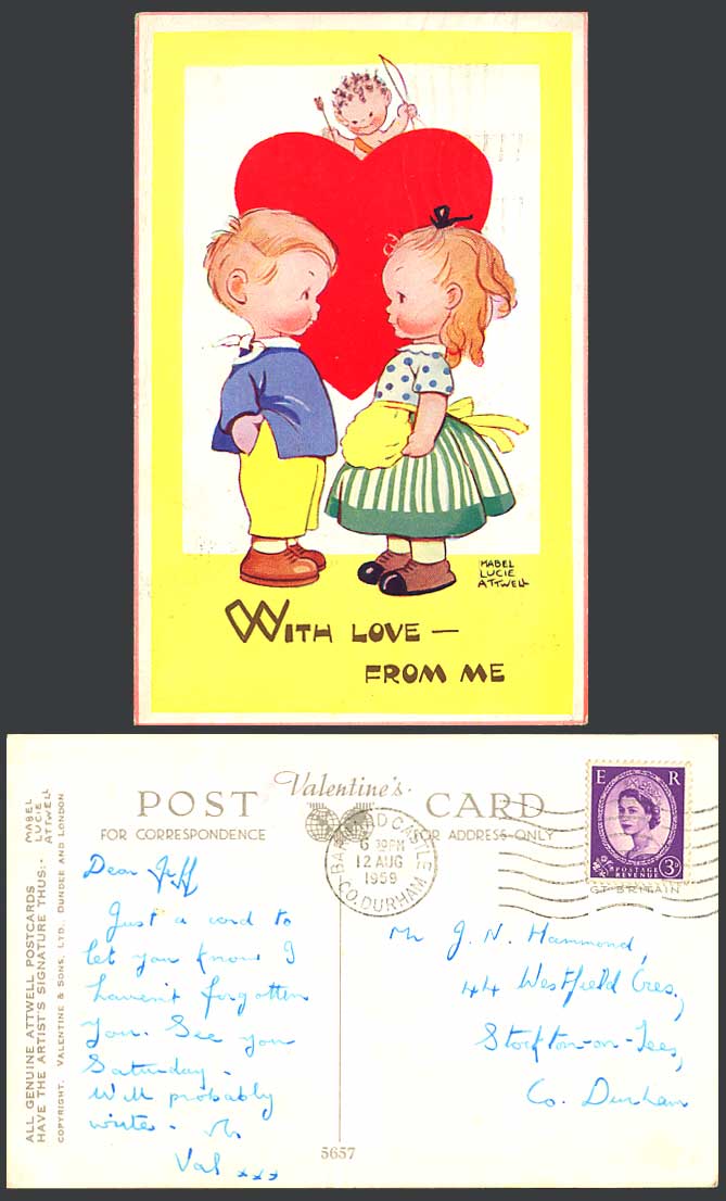 MABEL LUCIE ATTWELL 1959 Old Postcard With Love From Me Cupid Bow and Arrow 5657