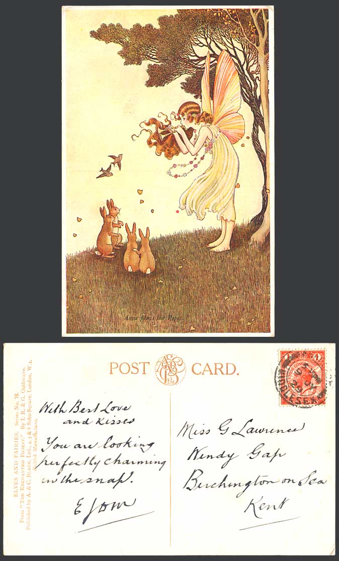 I.R. OUTHWAITE 1929 Old Postcard Fairy Anne Plays Pipes Rabbits Enchanted Forest