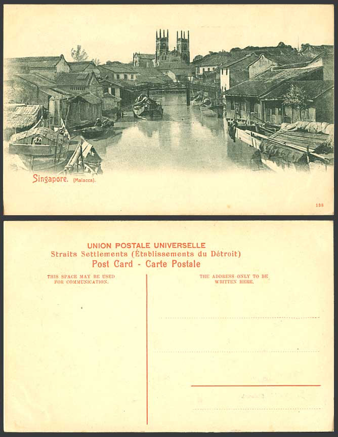Malacca Singapore, River Scene Bridge Church Cathedral Boats Houses Old Postcard