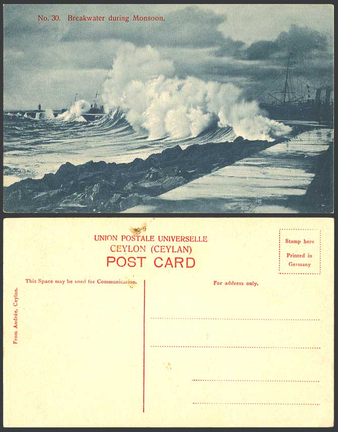 Ceylon Old Postcard Colombo Breakwater during Monsoon Waves Lighthouse Ship Boat