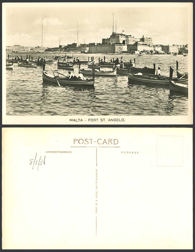 Malta 1936 Old RP Postcard FORT ST. ANGELO DGHAISA Native Fishing Boats Fortress