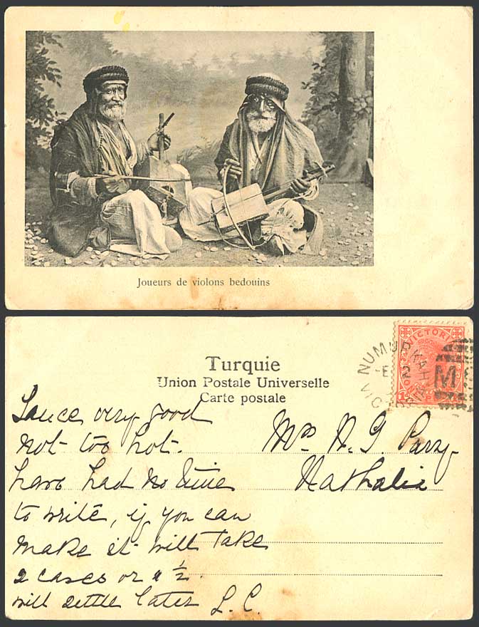 Turkey OZ Victoria 1d. 1902 Old Postcard Bedouin Violins Players Musicians Rebab