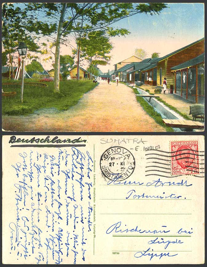 Indonesia DEI Old Colour Postcard Sumatra Street Scene, Native Houses Lamp Trees