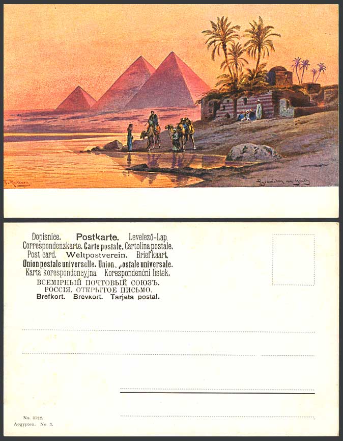 Egypt F Perlberg Artist Signed Old Postcard Pyramids Gizeh Giza Camels Palm Tree