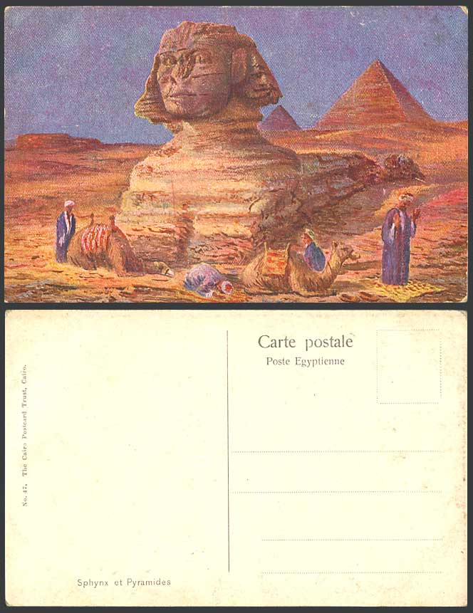 Egypt Old Art Postcard SPHINX PYRAMIDS GIZA Sphynx Pyramides Prayer Camels Rest