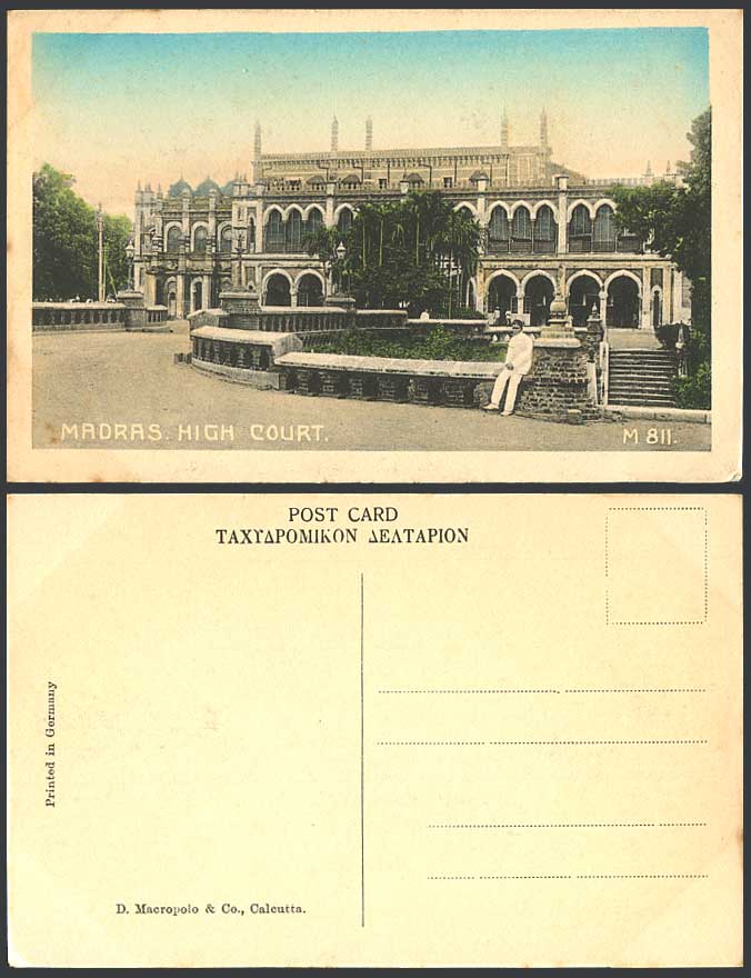 India Old Hand Tinted Postcard HIGH COURT MADRAS Law Courts of Justice Steps Man