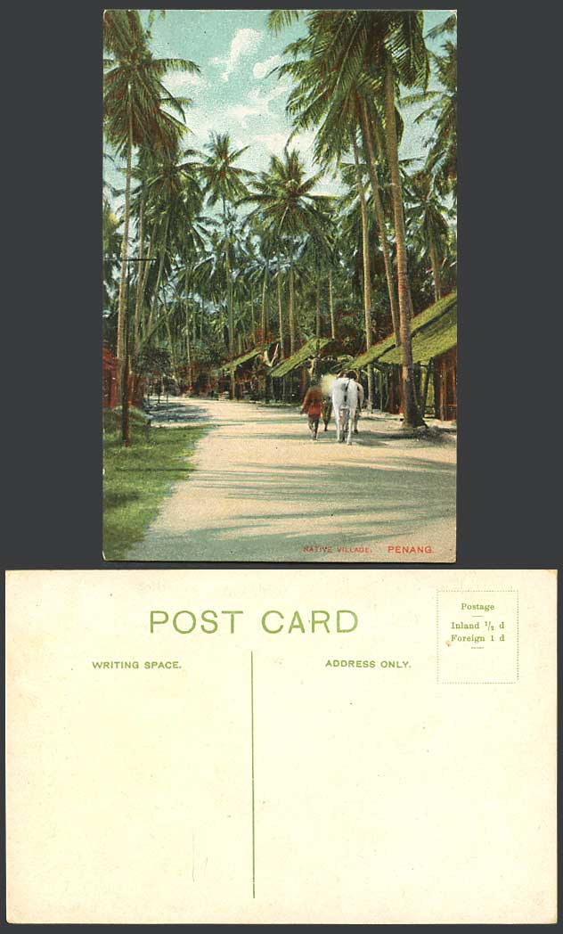 Penang Old Colour Postcard NATIVE VILLAGE, Street Scene Palm Trees Houses Malaya