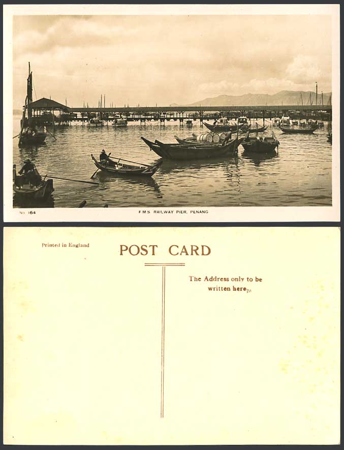 Penang Old Real Photo Postcard F.M.S. Railway Pier Harbour Native Boats Panorama
