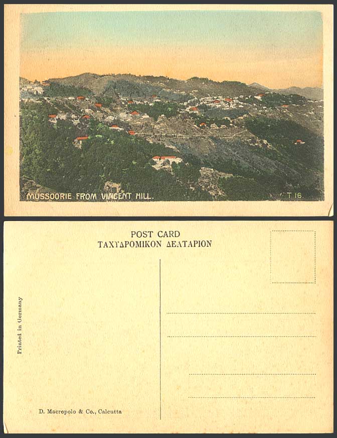 India Old Hand Tinted Postcard Mussoorie from Vincent Hill, Mountains & Panorama