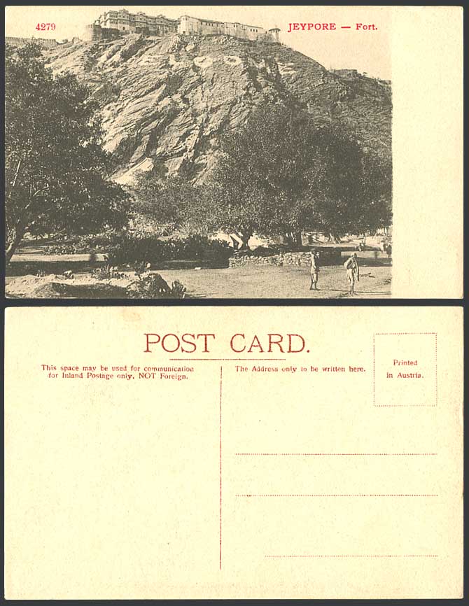 India Old Postcard Jaipur Jeypore Fort Umbar Amber Fortress on Rock with Welcome