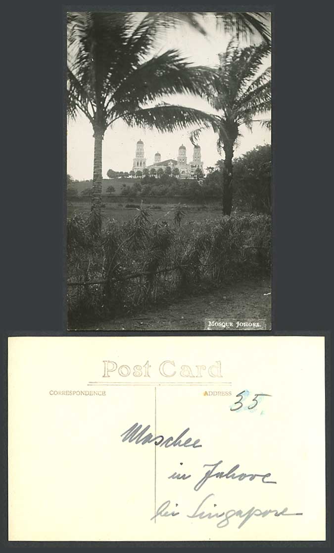 Johore Old Real Photo Postcard Mosque Through Palm Trees Malay Moschee Singapore