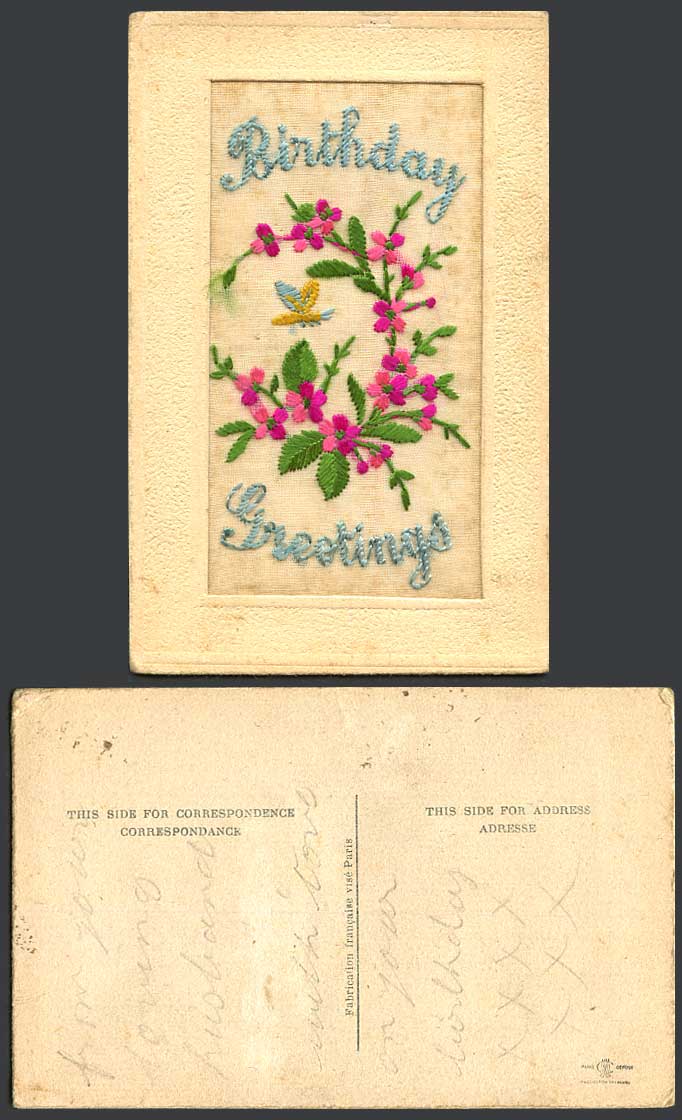 WW1 SILK Embroidered Old Postcard Butterfly & Flowers Birthday Greetings Novelty
