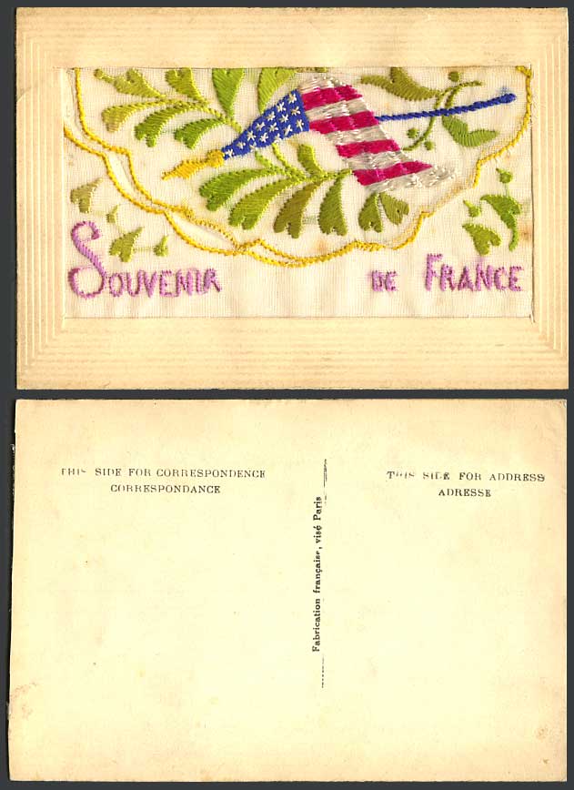 WW1 SILK Embroidered Greetings Novelty Old Postcard Souvenir de France & Wallet