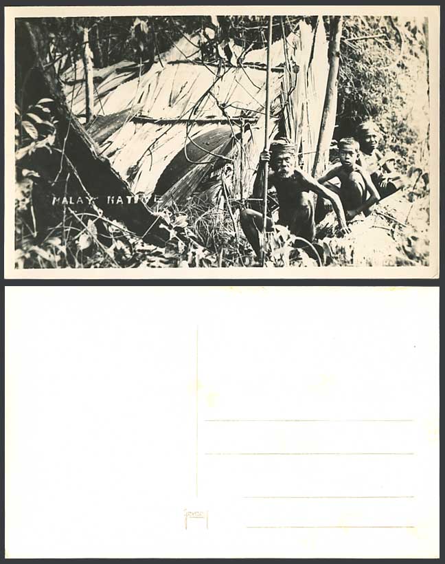 Perak Old Real Photo Postcard Malay Native Man with Long Stick, Woman, Boy, Tent